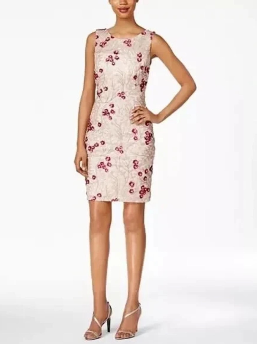 Calvin Klein Champagne Dress with Sequined Floral Pattern  Size 10